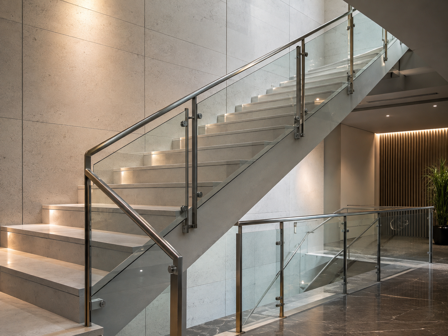 Architectural glass types in a modern glass railing interior
